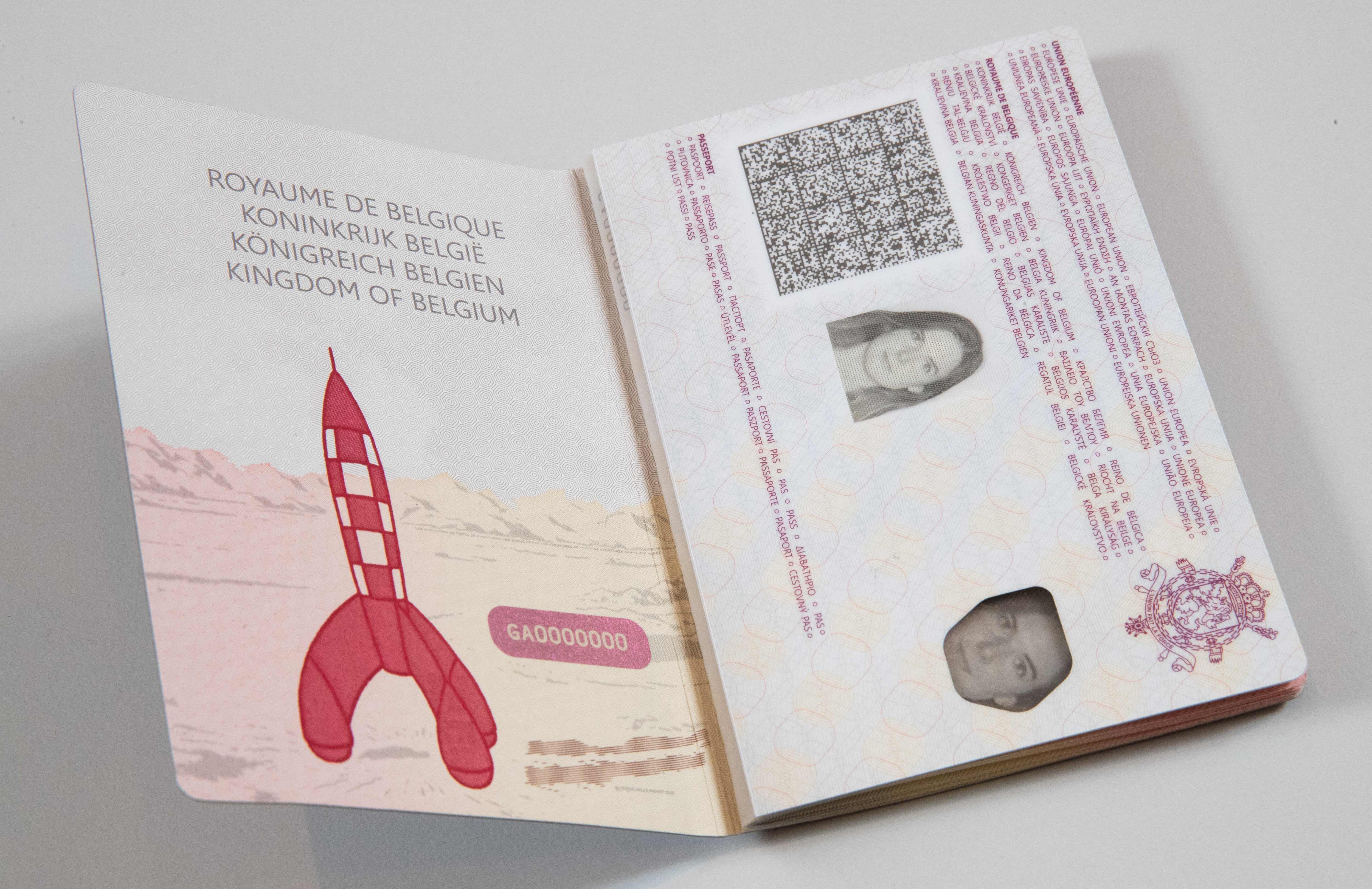 Tintin’s moon rocket by Belgian cartoonist Herge on a page of Belgium’s newly designed passport