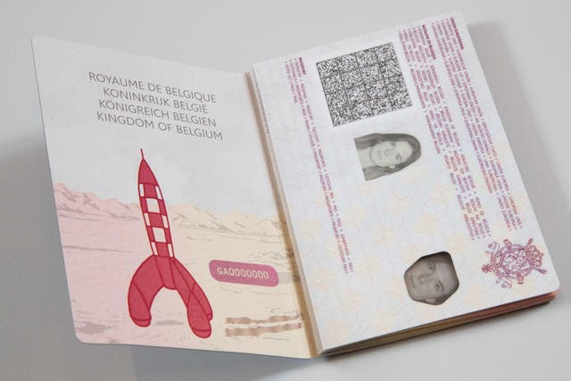 <p>Tintin’s moon rocket by Belgian cartoonist Herge on a page of Belgium’s newly designed passport</p>