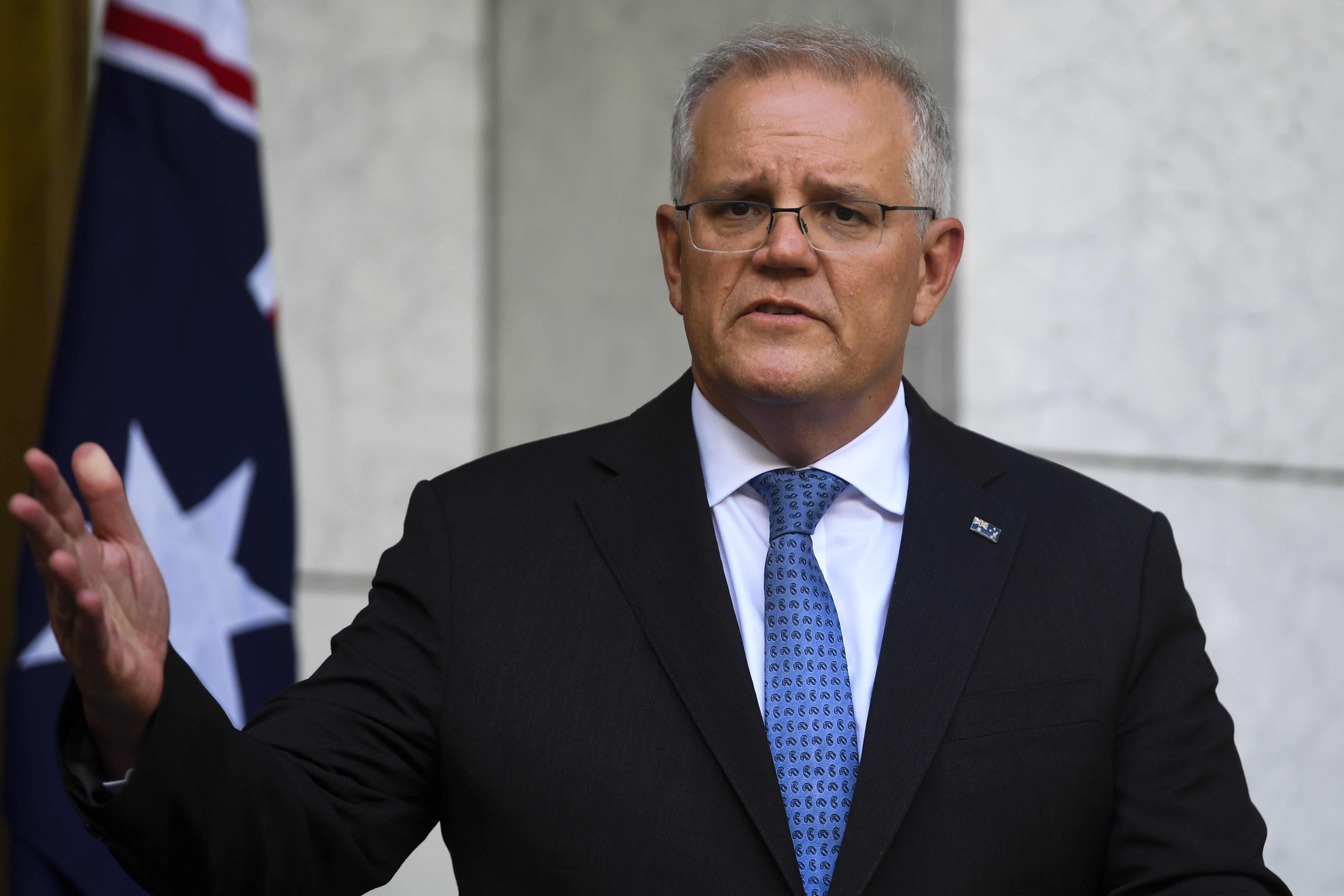 Australian Prime Minister Scott Morrison speaks to the media during a press conference in Canberra, Australia, 7 February 2022