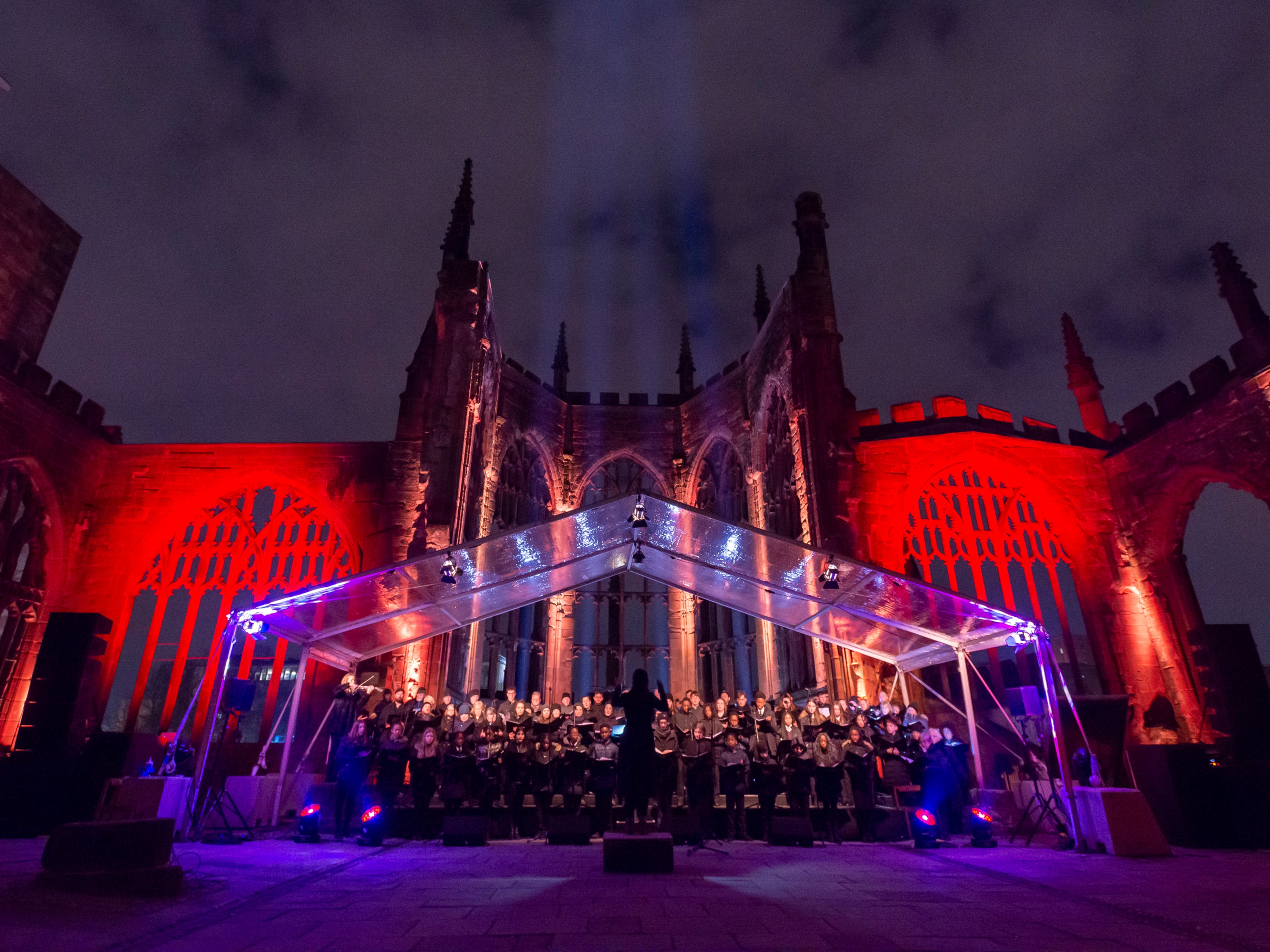 The choir performs during a Ghosts in the Ruins dress rehearsal at Coventry cathedral