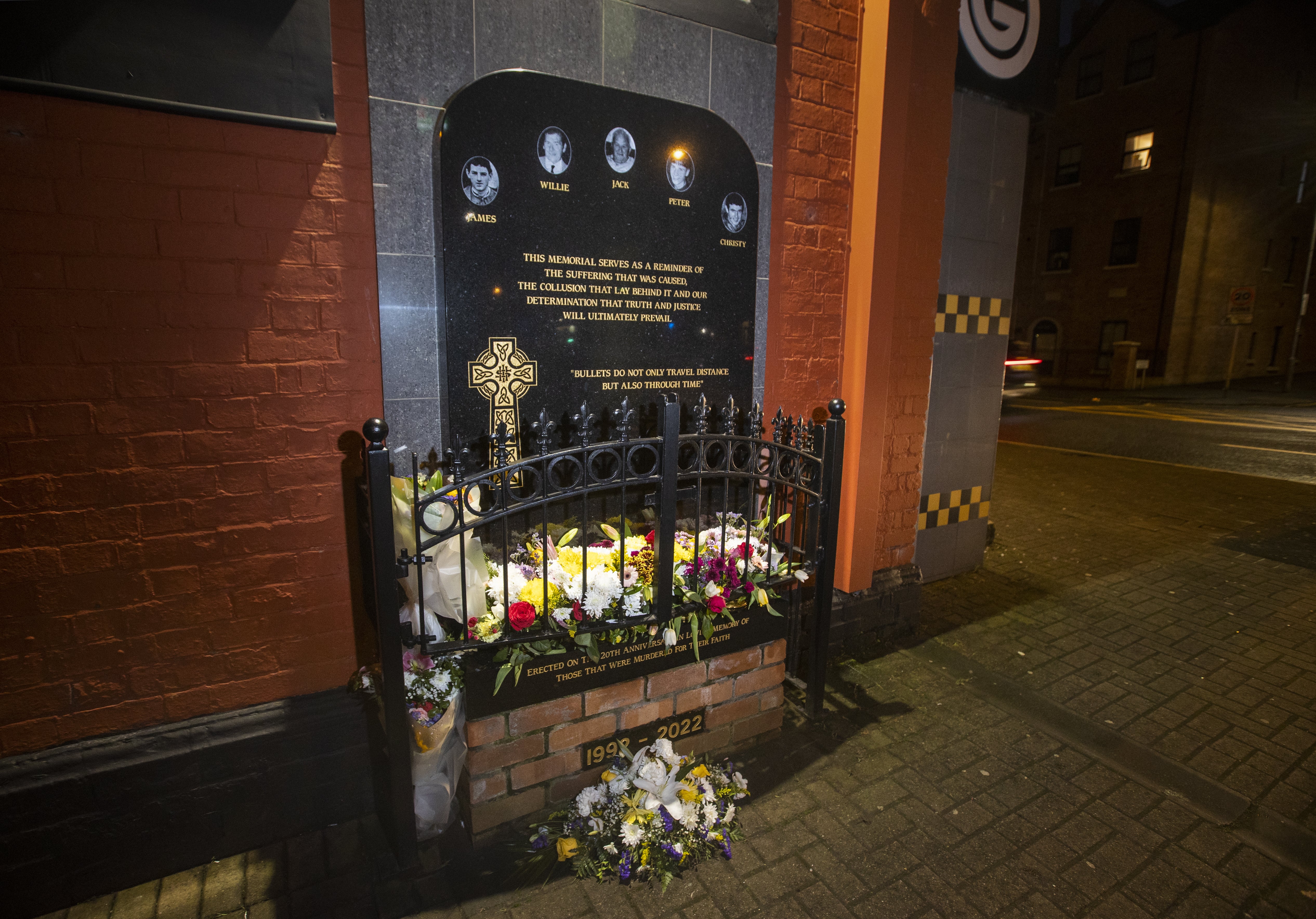 A memorial on Ormeau Road in Belfast to Jack Duffin, William McManus, Chirsty Doherty, Peter Magee, and James Kennedy, who where killed during the attack at Sean Graham bookmakers’ shooting in 1992 by loyalist paramilitary group, Ulster Defence Association (PA)
