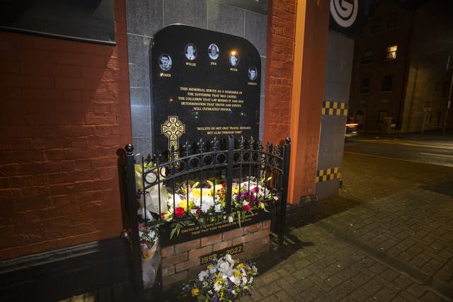 A memorial on Ormeau Road in Belfast to Jack Duffin, William McManus, Chirsty Doherty, Peter Magee, and James Kennedy, who where killed during the attack at Sean Graham bookmakers’ shooting in 1992 by loyalist paramilitary group, Ulster Defence Association (PA)