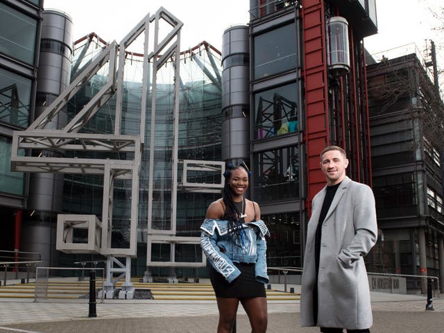 <p>Claressa Shields and Brendan Loughnane outside C4 HQ</p>