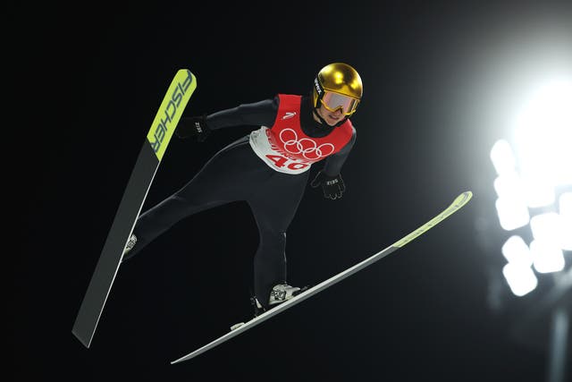 <p>Katharina Althaus of Team Germany jumps during Women's Normal Hill Individual 1st Round at National Ski Jumping Centre on February 05, 2022 in Zhangjiakou, China</p>