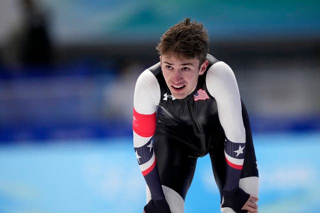 <p>Casey Dawson of the United States reacts after competing in the men’s speedskating 1,500-meter race at the 2022 Winter Olympics</p>