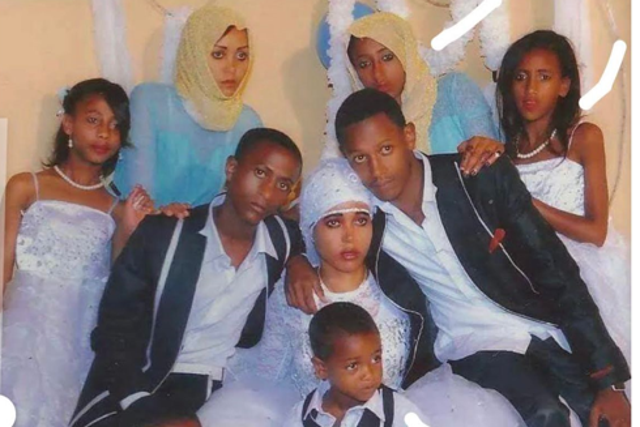 <p>Yasmin Jamal (top row, second from right) has been told by the Home Office that her four younger siblings, recently orphaned, cannot join her in Britain </p>
