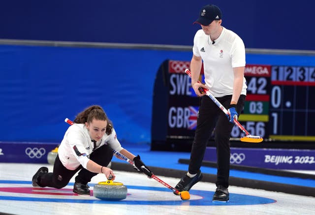 Great Britain’s Jennifer Dodds and Bruce Mouat during their mixed doubles curling semi-final defeat (Andrew Milligan/PA)
