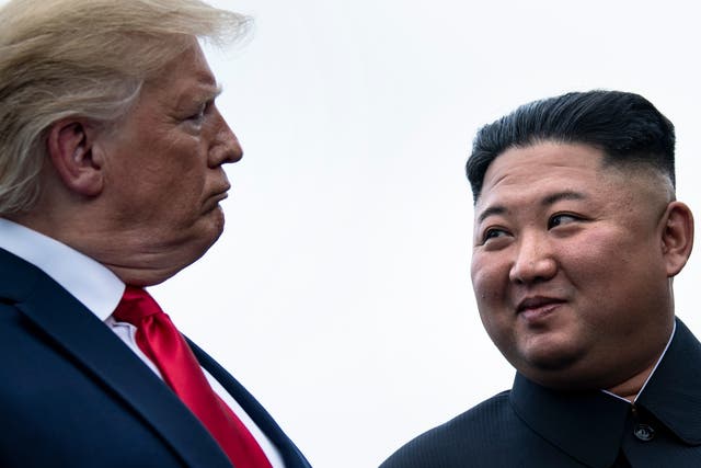 <p>US President Donald Trump and North Korea’s leader Kim Jong-un talk before a meeting in the Demilitarized Zone(DMZ) on June 30, 2019, in Panmunjom, Korea</p>
