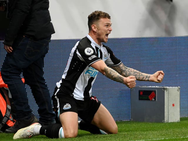 <p>Kieran Tripper celebrates scoring Newcastle’s third</p>