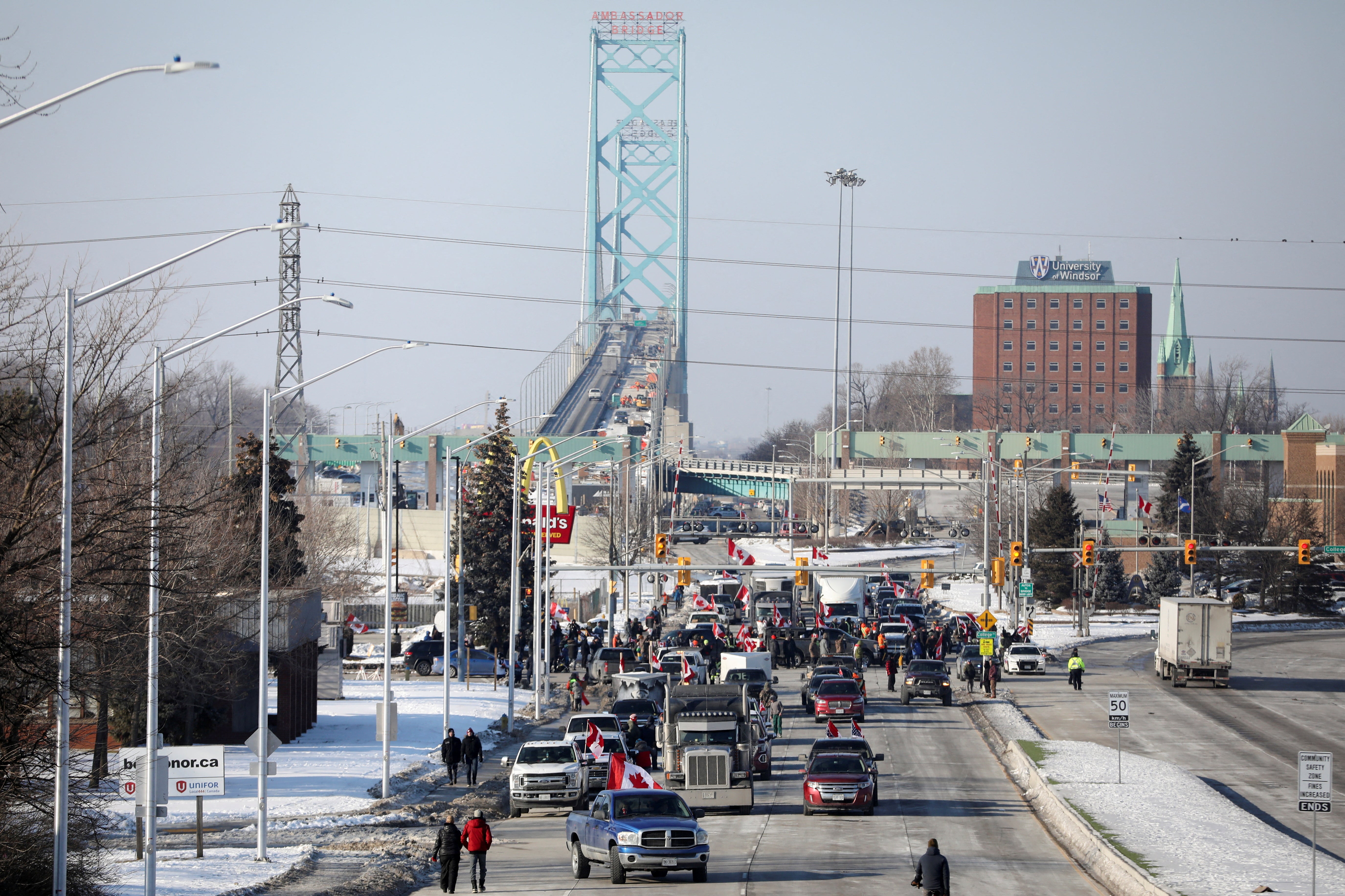 Vehicles block the route leading from the Ambassador Bridge, linking Detroit and Windsor