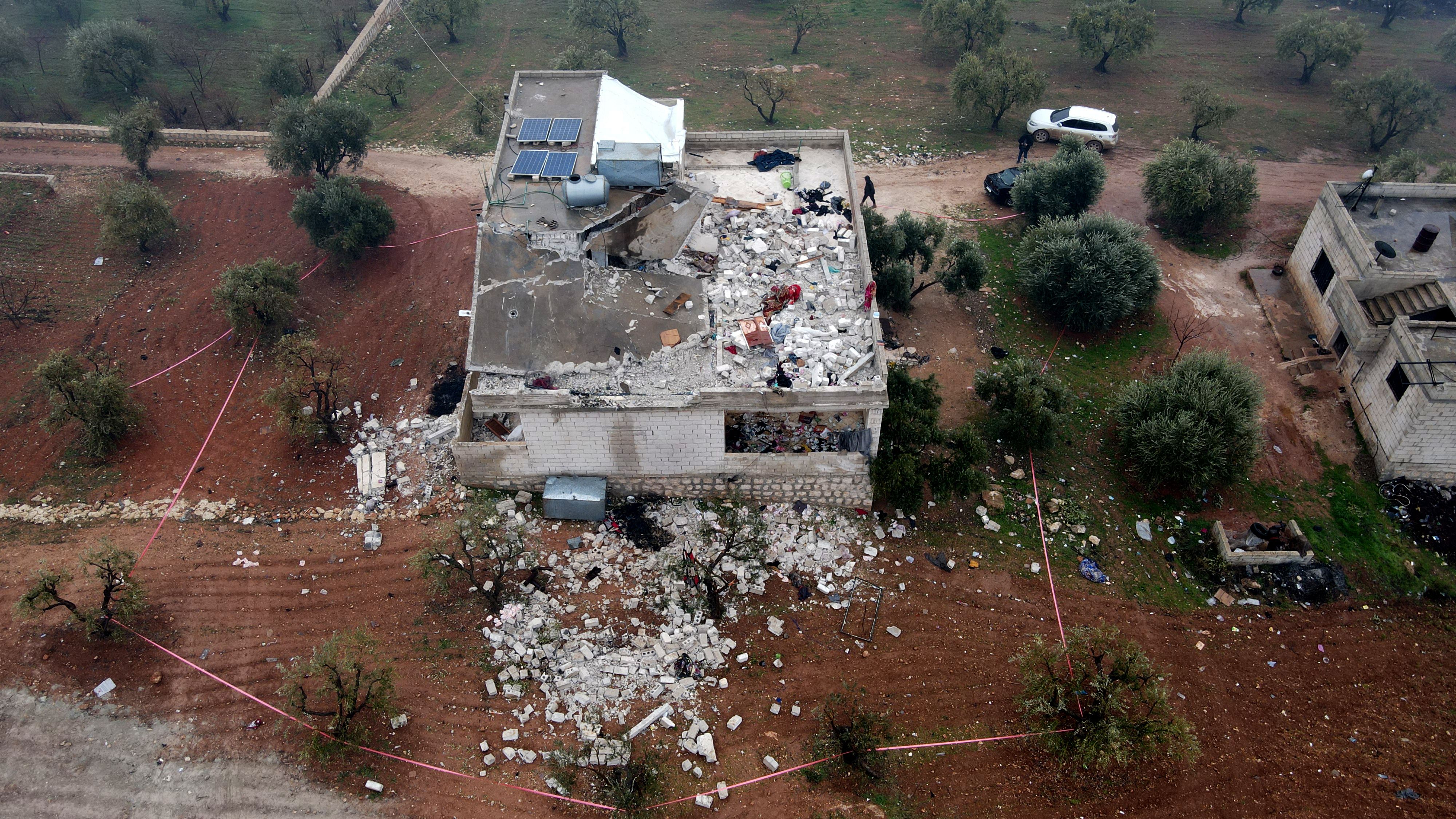 An aerial view of the house in which al-Quraishi died during a raid by US special forces in the town of Atme, in Syria’s northwestern province of Idlib, on 4 February 2022