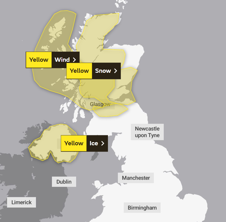 Wind and snow warnings have been issued simultaneously across parts of the UK