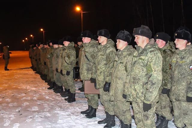 <p>File photo: Russian servicemen standing at attention upon their arrival for the joint drills in Belarus, 20 January 2022</p>