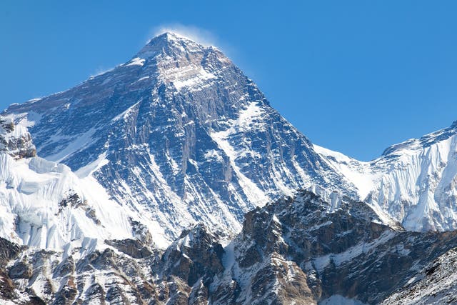 <p>Mount Everest’s summit, the wind scoured southwest face and snowy pass of the South Col under deep blue skies in the Himalaya mountains</p>
