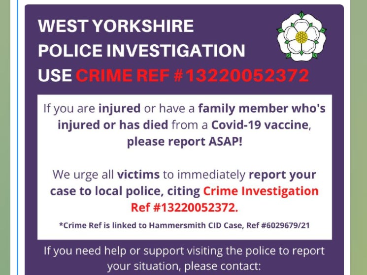 A Telegram post urging people to report ‘crimes’ linked to Covid vaccinations using reference numbers