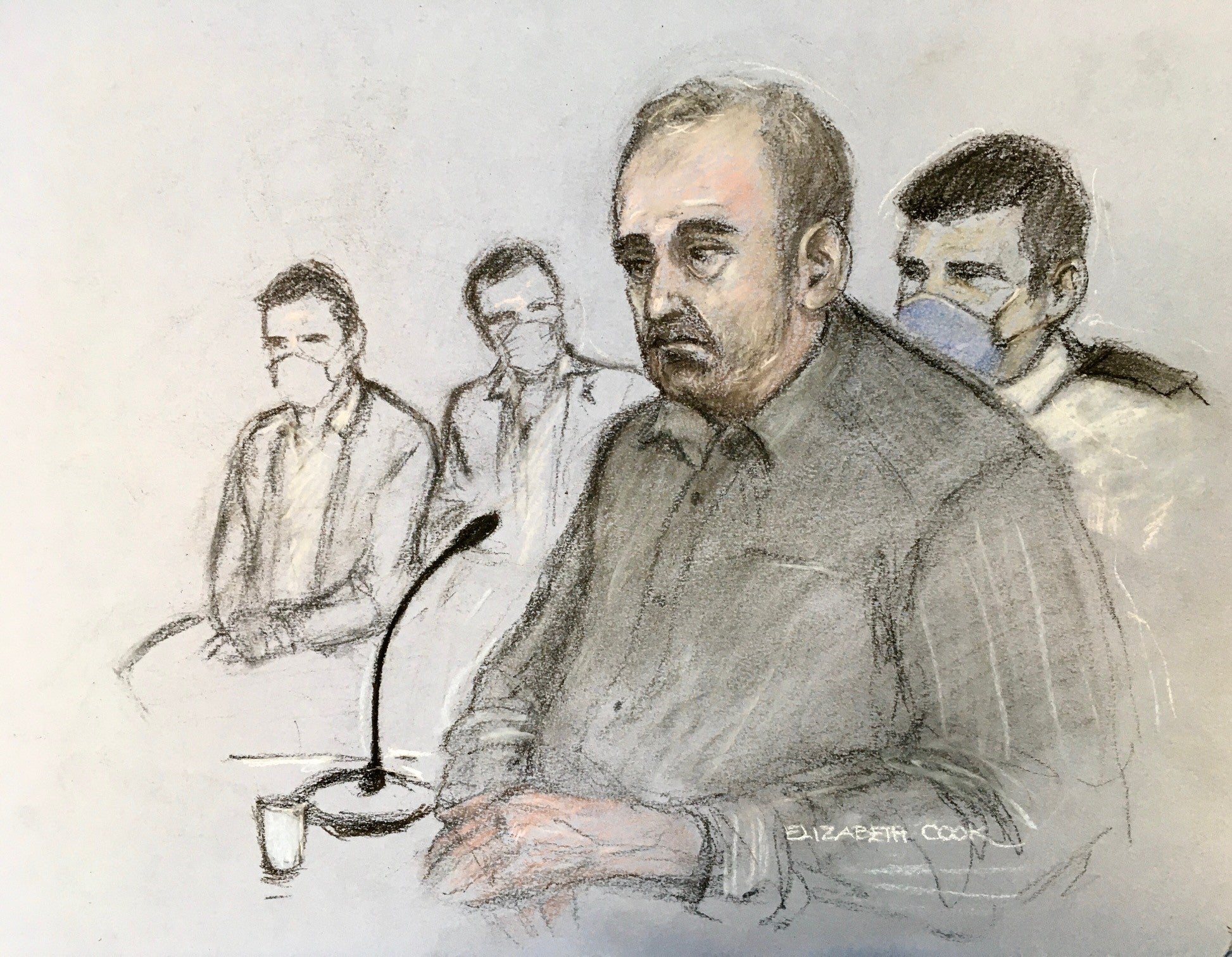Court artist sketch of Stewart giving evidence, watched by his two sons (left), at Huntingdon Crown Court