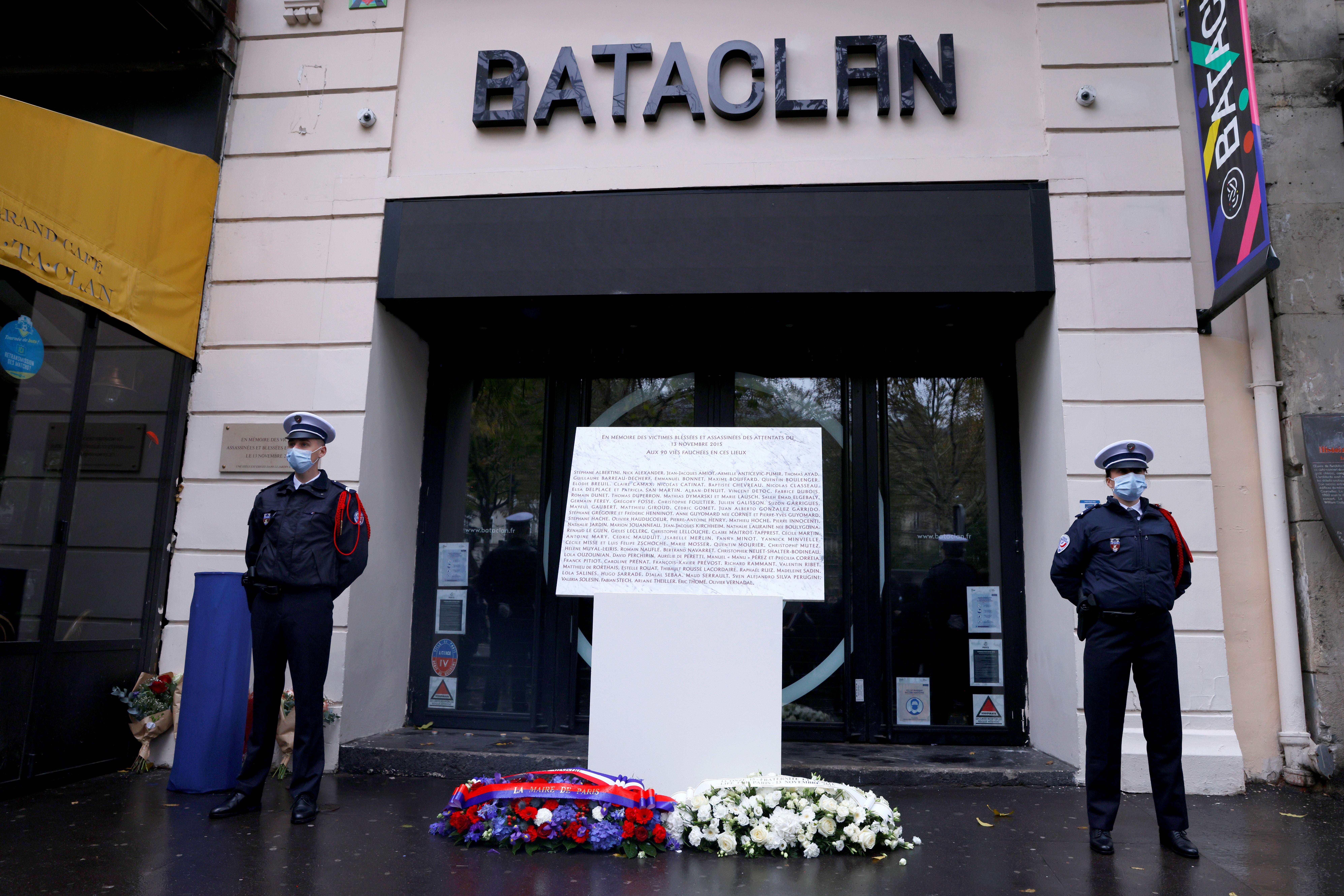 File photo: French policemen stand in front of Le Bataclan concert hall during a ceremony to pay tribute to the victims of the terror attacks in Paris, France, 13 November 2021