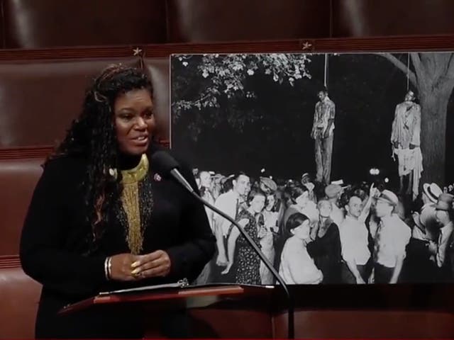 <p>Cori Bush displays photo of lynching on House floor in debate over efforts to censor American history in schools</p>