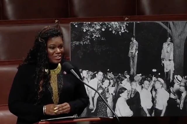 <p>Cori Bush displays photo of lynching on House floor in debate over efforts to censor American history in schools</p>