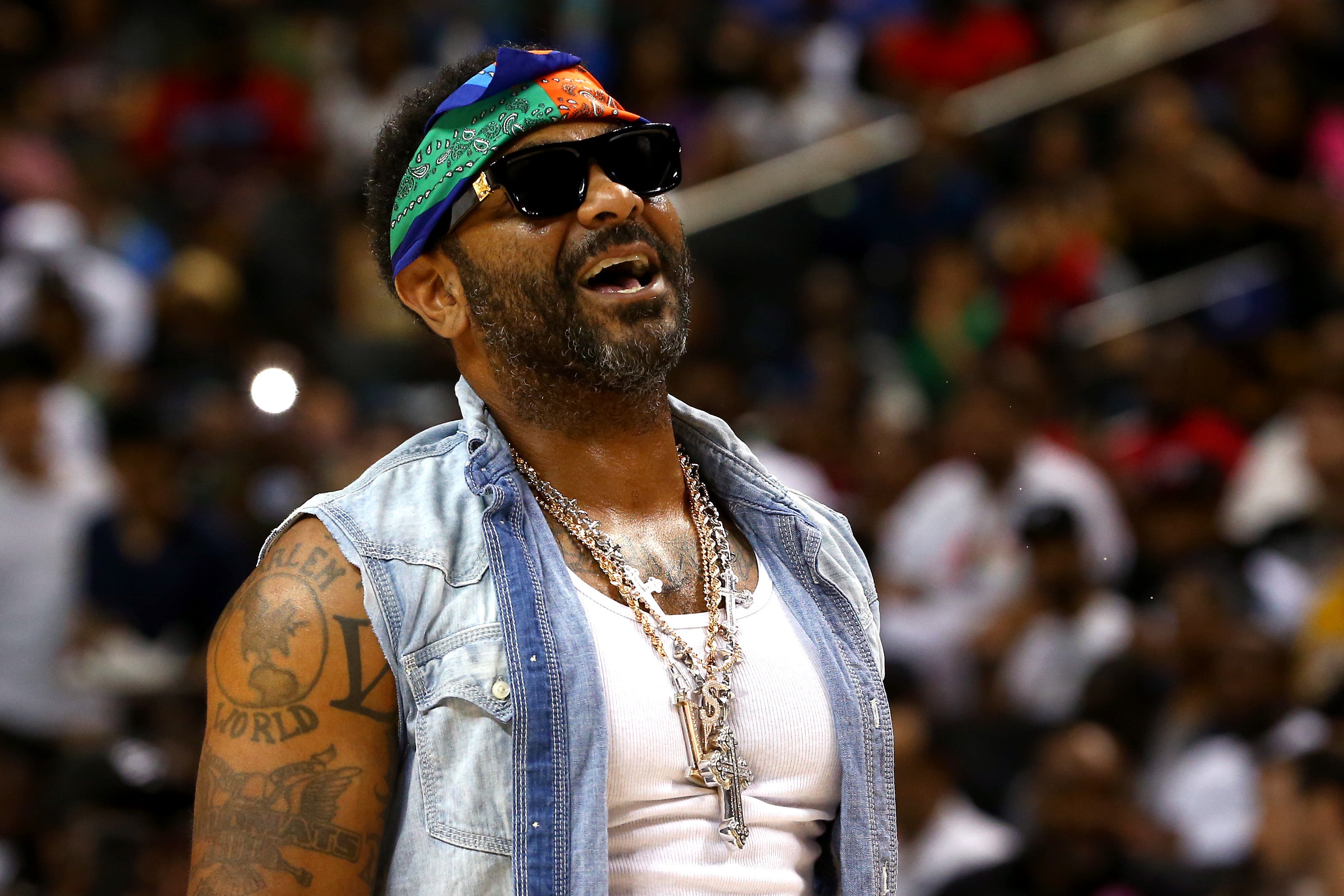Rapper Jim Jones performs during week four of the BIG3 three-on-three basketball league at Barclays Center on July 14, 2019 in the Brooklyn borough of New York City.