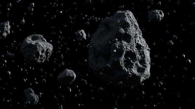 <p>An artist’s conception of asteroids.</p>