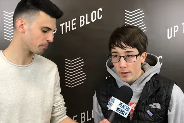<p>Alex Fritz, right, being interviewed at a Canadian competition in 2018</p>