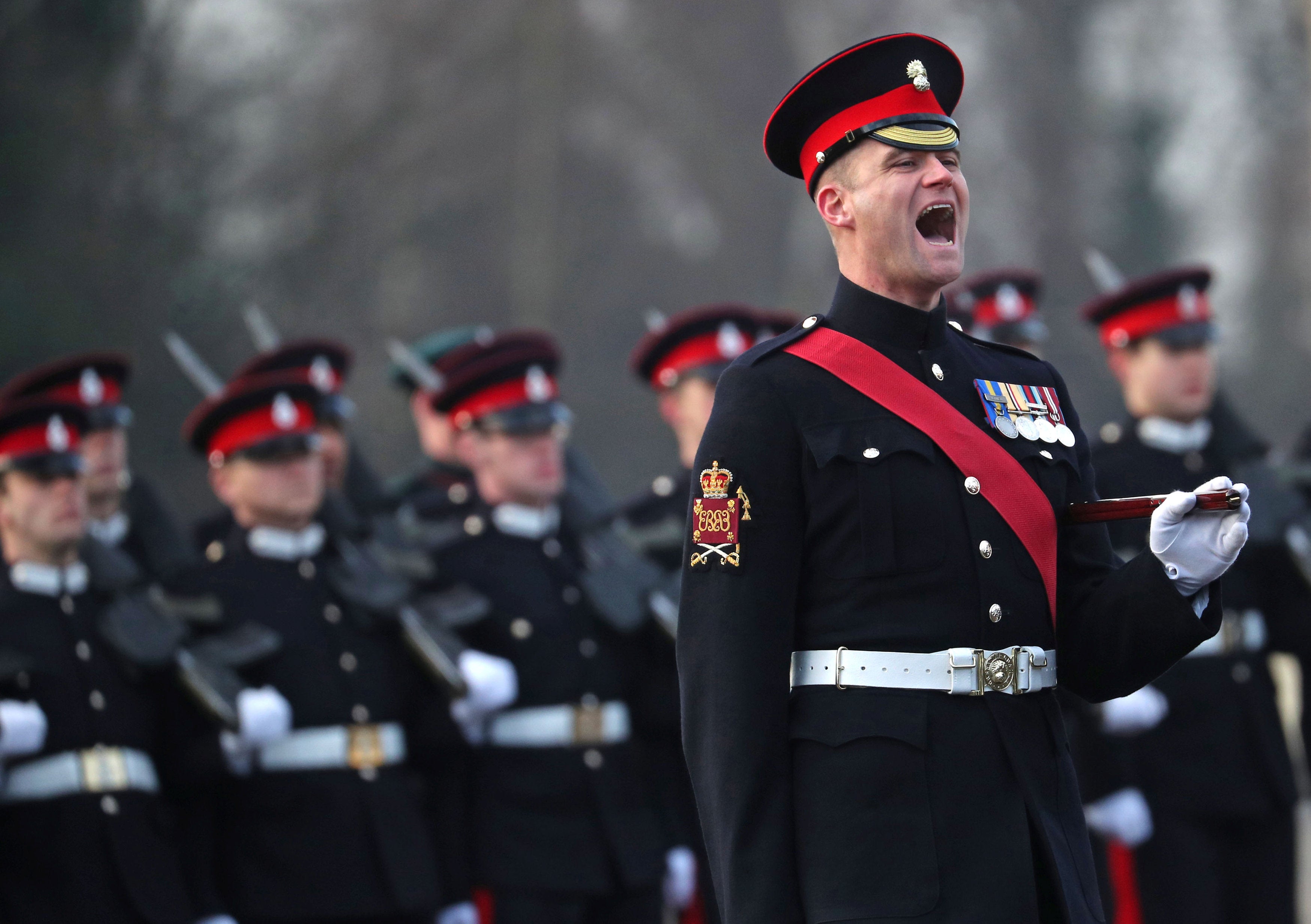 A sergeant major shouts instructions at Royal Military Academy Sandhurst
