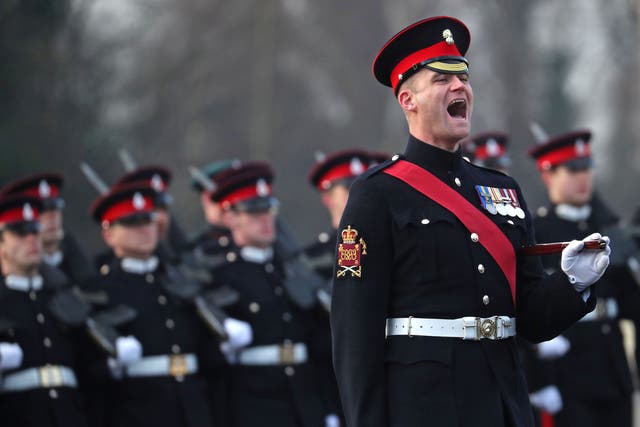 <p>A sergeant major shouts instructions  at Royal Military Academy Sandhurst</p>