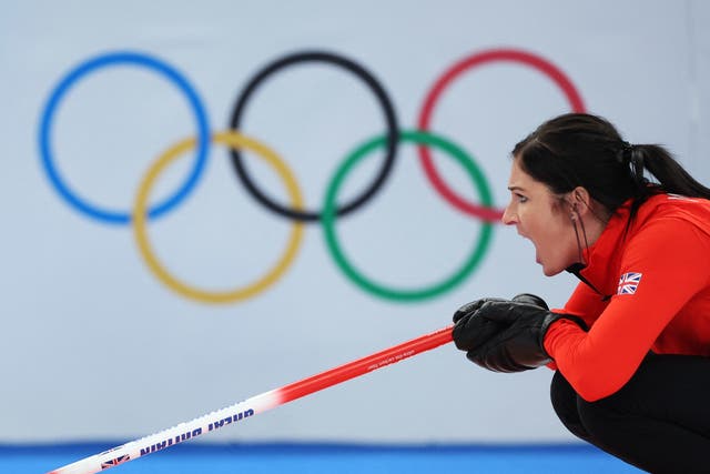 <p>Eve Muirhead shouts during the match against Switzerland</p>
