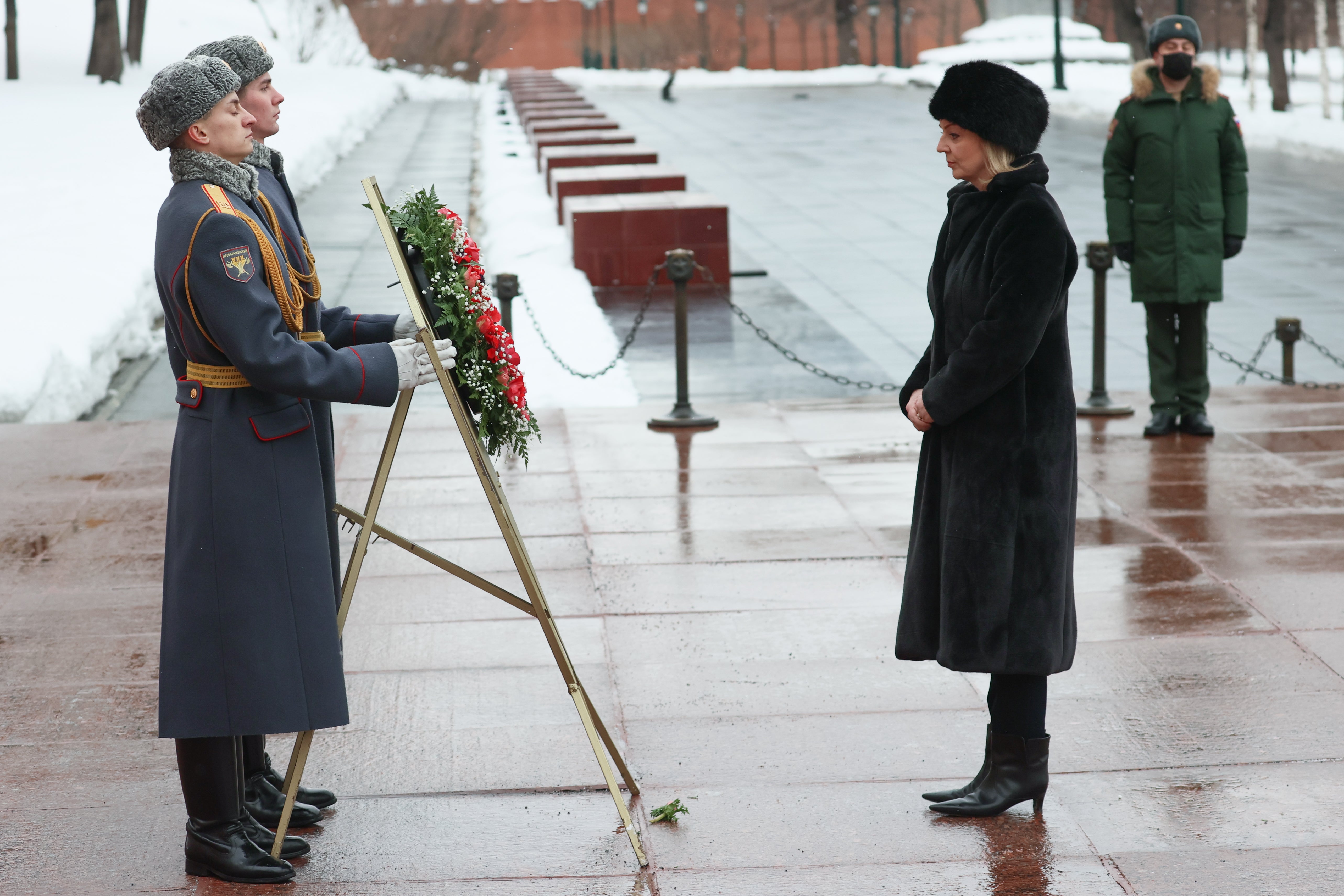 Liz Truss seen during a wreath laying ceremony at the Tomb of the Unknown Soldier in the Alexander Garden, Moscow