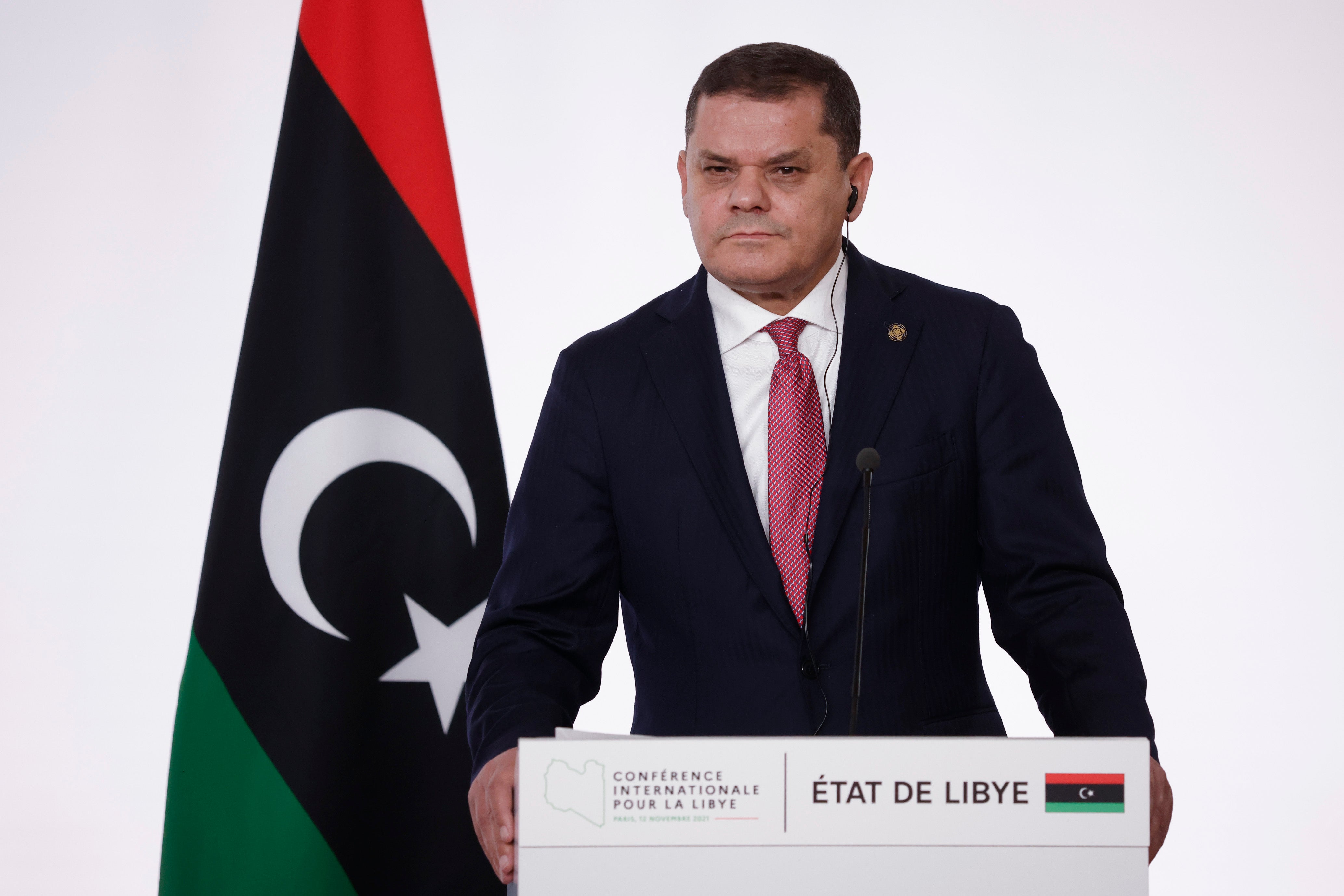 File photo: Libyan Prime Minister Abdul Hamid Dbeibah at a press conference in Paris, France, 12 November 2021