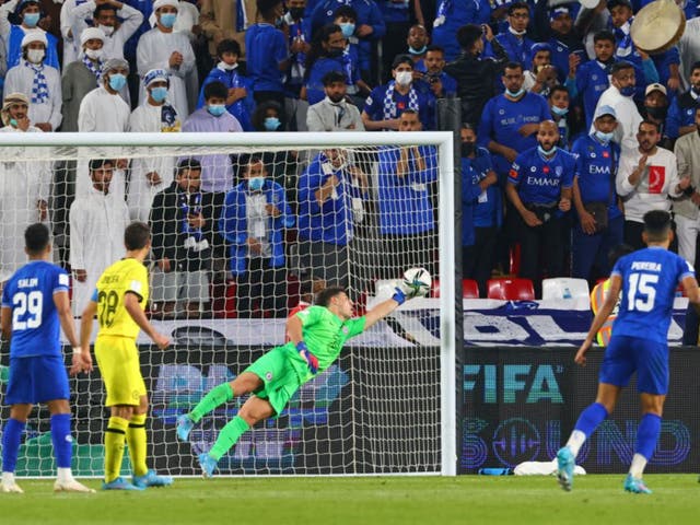 <p>Kepa Arrizabalaga makes a save during Chelsea’s victory over Al Hilal </p>