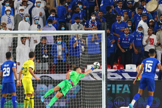<p>Kepa Arrizabalaga makes a save during Chelsea’s victory over Al Hilal </p>