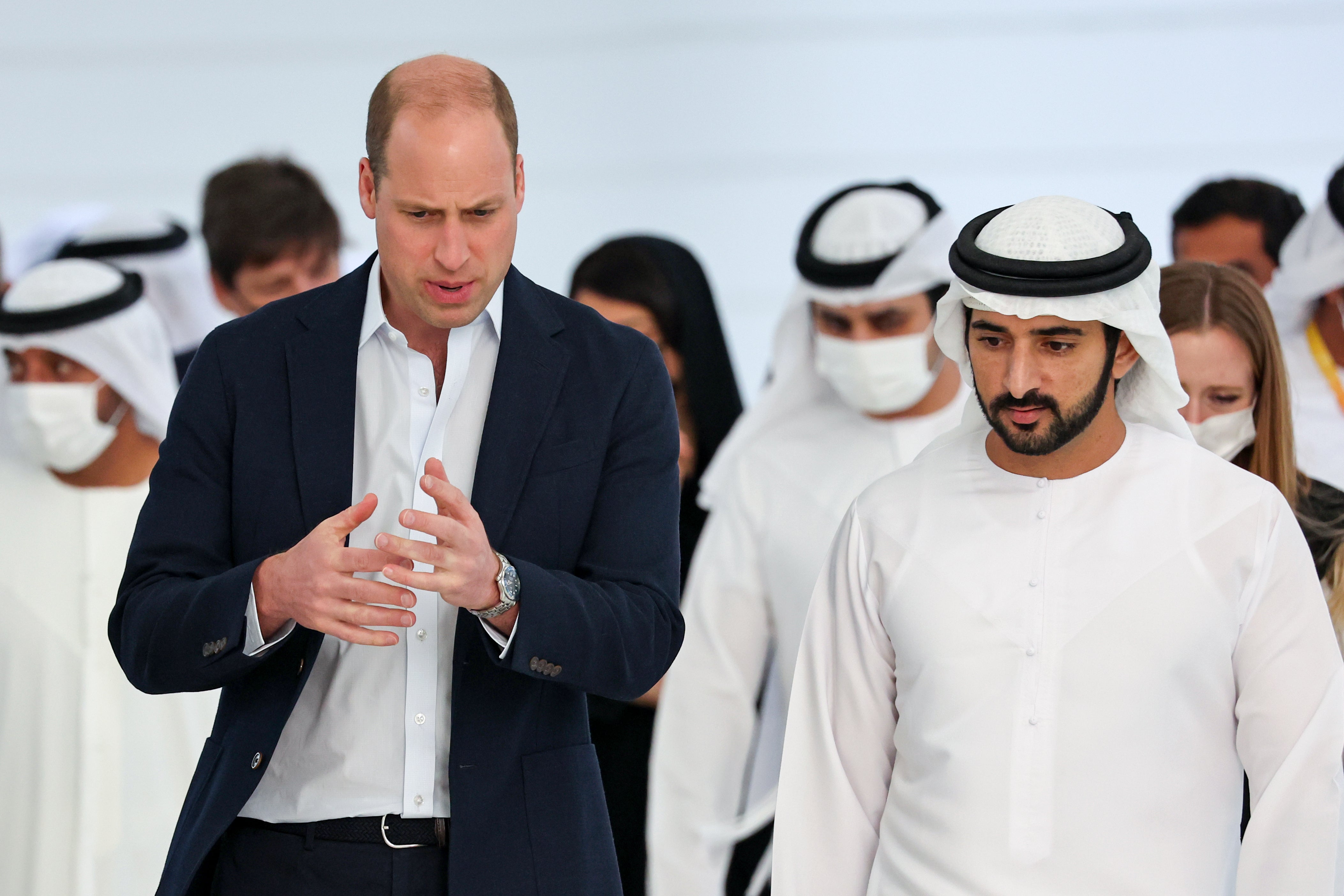 William with His Highness Sheikh Hamdan bin Mohammed bin Rashid Al Maktoum, Crown Prince of Dubai, during his visit to the UK Pavilion at Expo2020 in Dubai (Chris Jackson/PA)