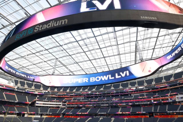 <p>A view of SoFi Stadium as workers prepare for Super Bowl LVI </p>
