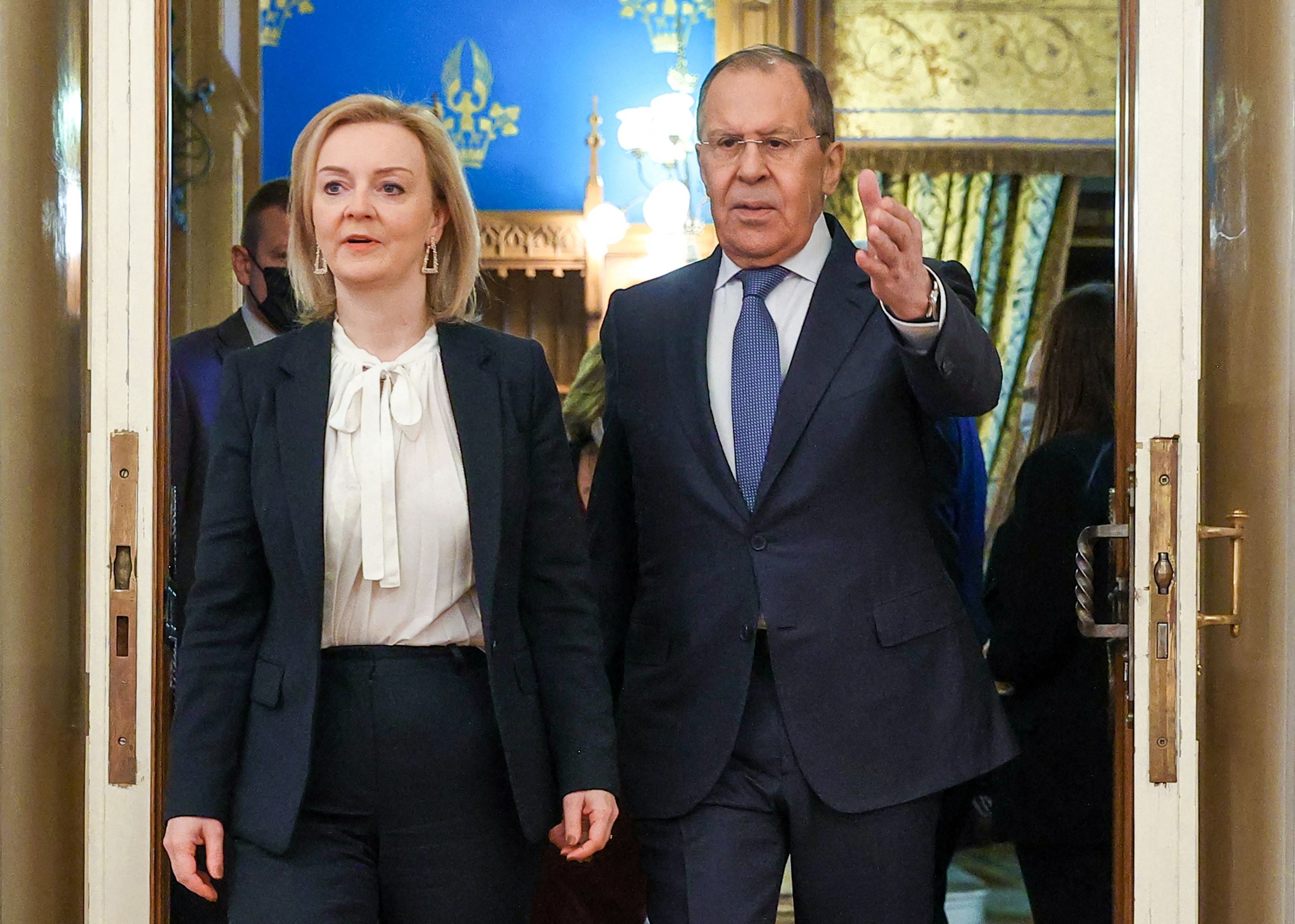 Russian foreign minister Sergei Lavrov welcoming British foreign secretary Liz Truss in Moscow