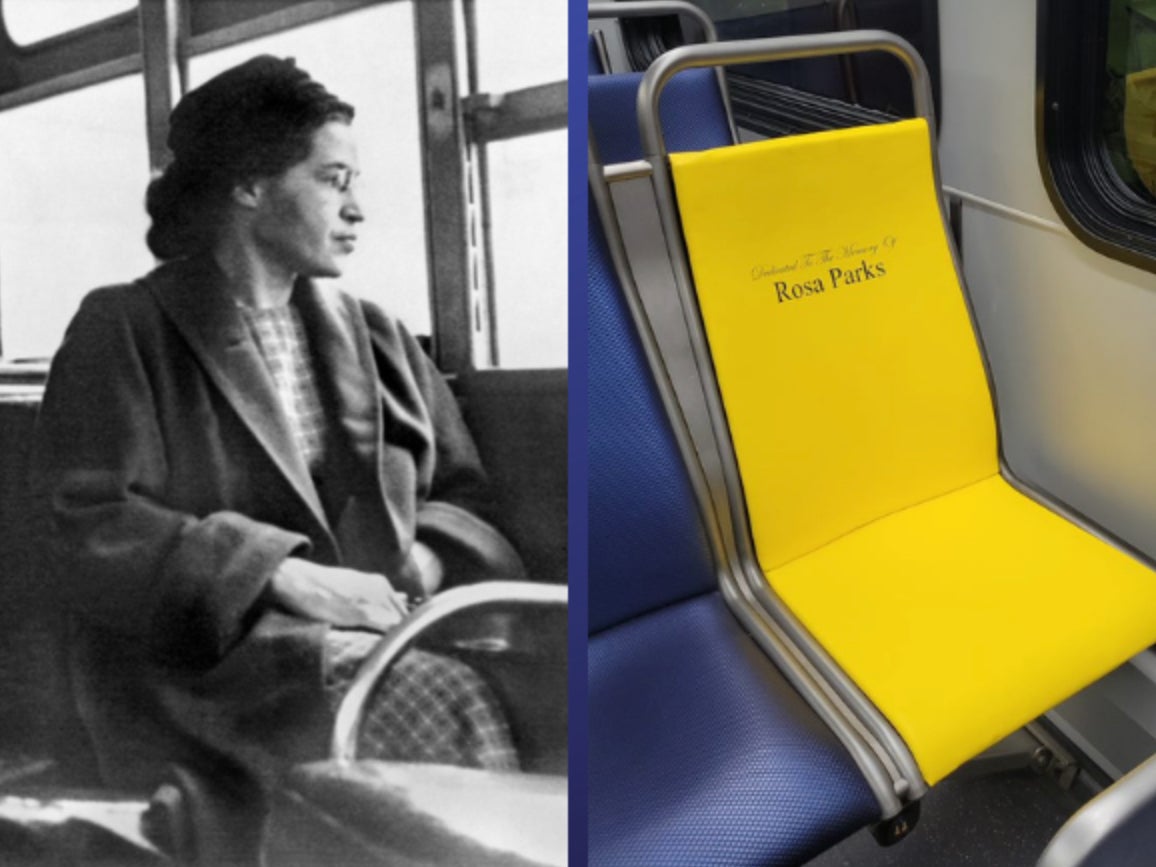 Rosa Parks and a Houston Metro seat cover honouring the civil rights leader