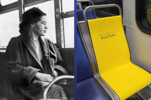 <p>Rosa Parks and a Houston Metro seat cover honouring the civil rights leader</p>