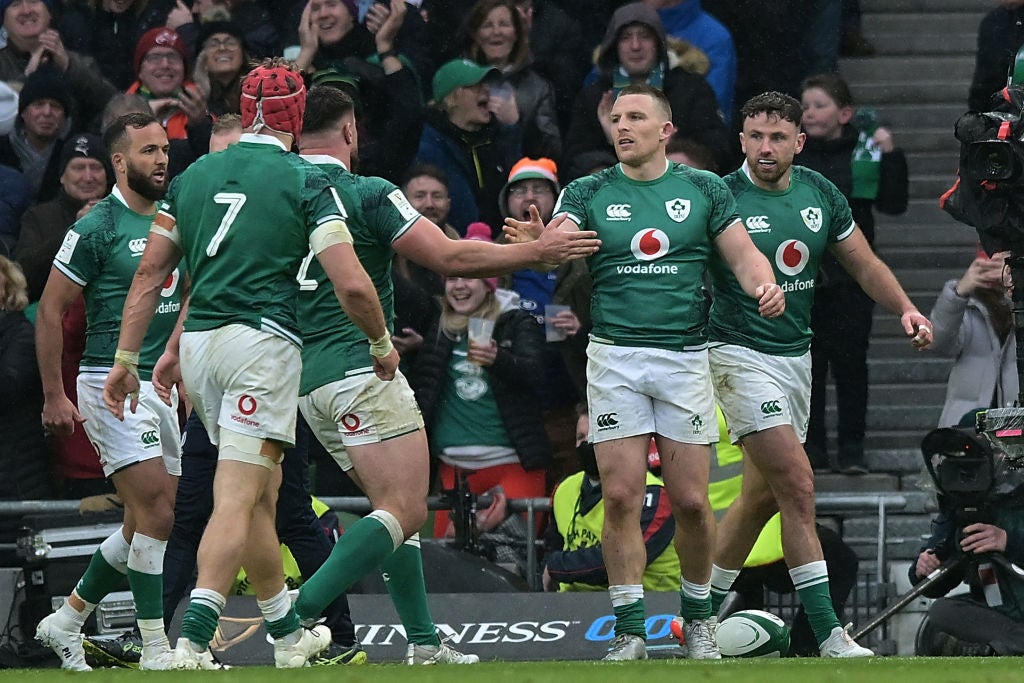 Andrew Conway of Ireland (second right) celebrates his second try during last weekend’s win over Wales in Dublin