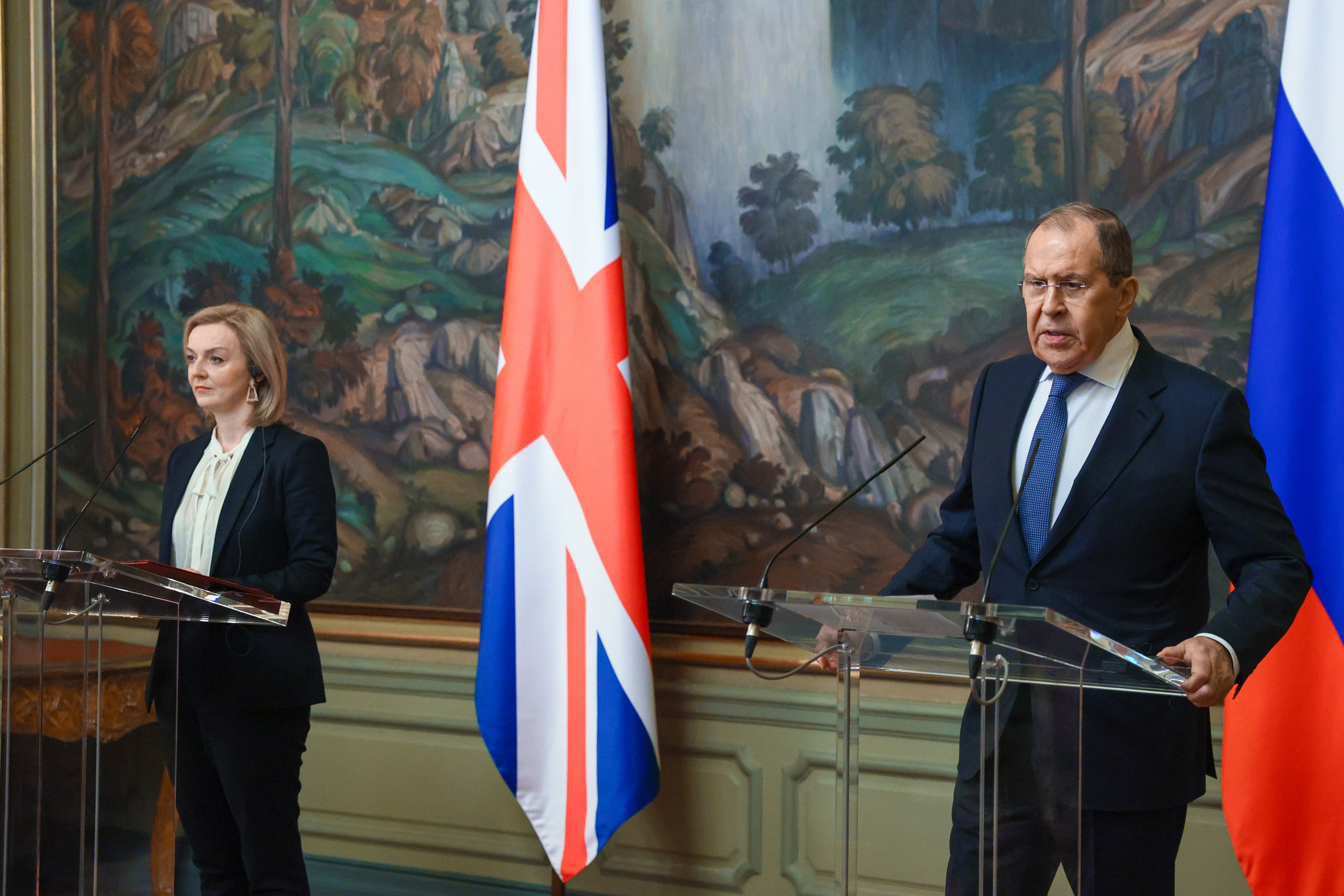 Russian foreign minister Sergei Lavrov and British foreign secretary Liz Truss during their joint news conference