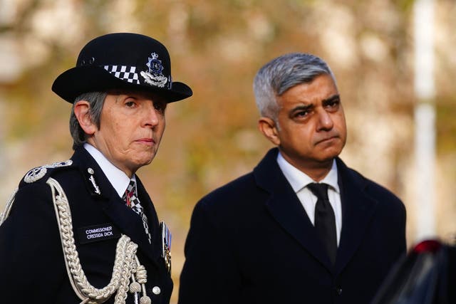 Metropolitan Police Commissioner Dame Cressida Dick with Mayor of London Sadiq Khan at the National Police Memorial on The Mall (Victoria Jones/PA)