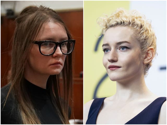 <p>Former fake heiress Anna Sorokin (left) says she used her payout for the Netflix show starring Julia Garner (right) on restitution</p>