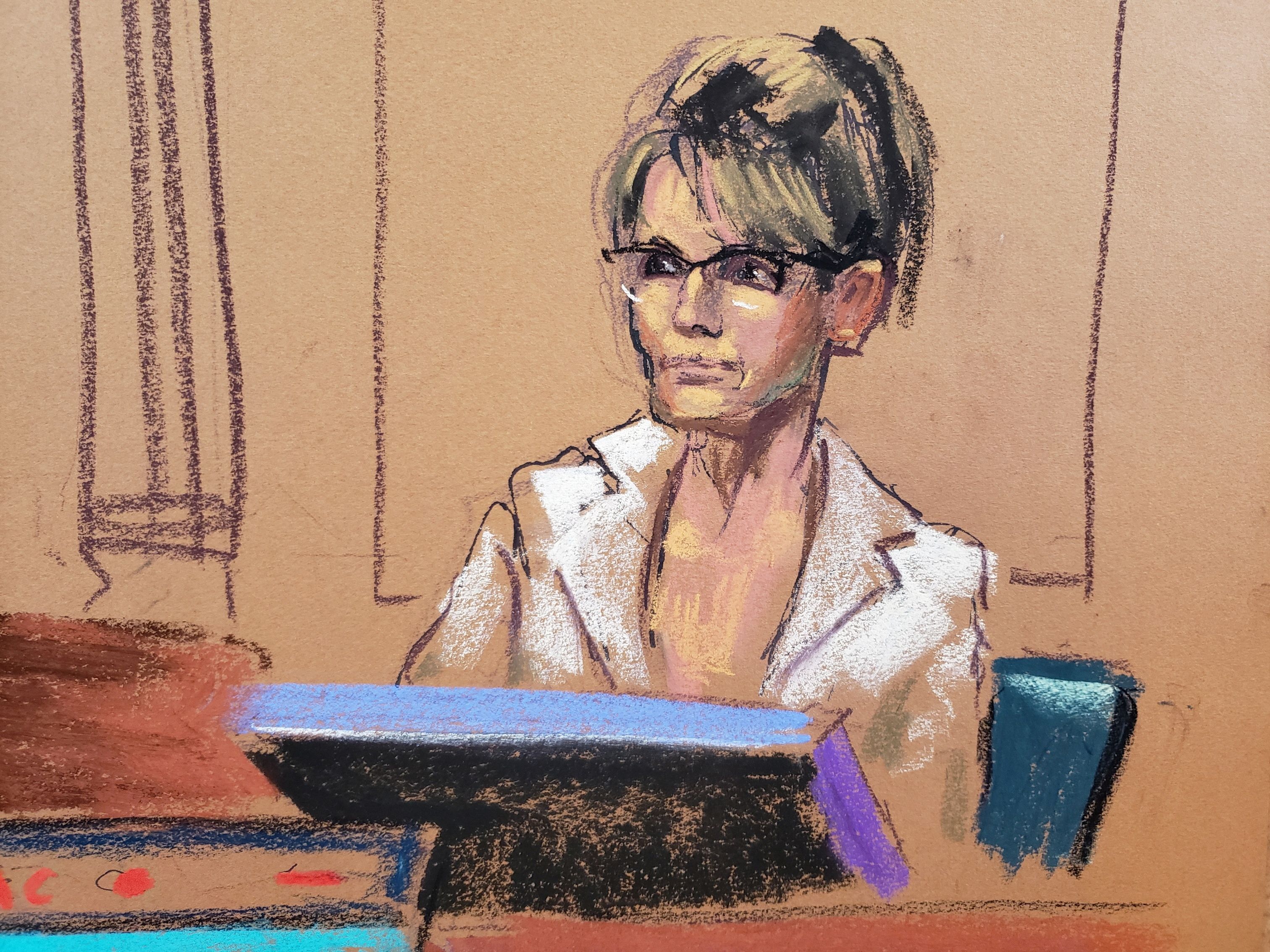 A courtroom sketch on 10 February depicts Sarah Palin testifying in a trial stemming from her libel lawsuit against The New York Times.