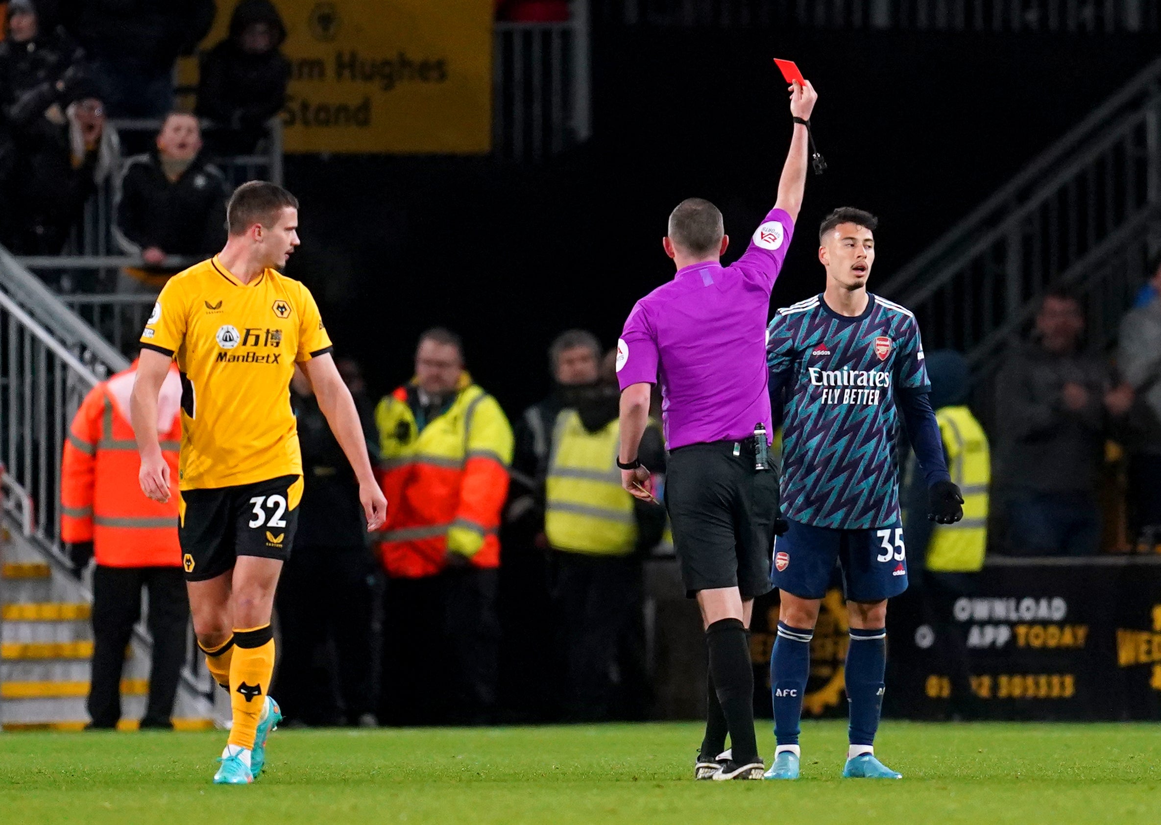 Arsenal’s Gabriel Martinelli is given his marching orders (Nick Potts/PA).