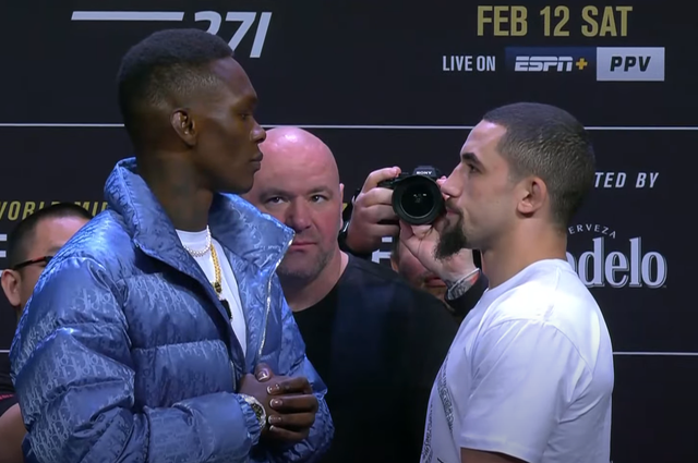 <p>Israel Adesanya (left) goes face-to-face with Robert Whittaker</p>