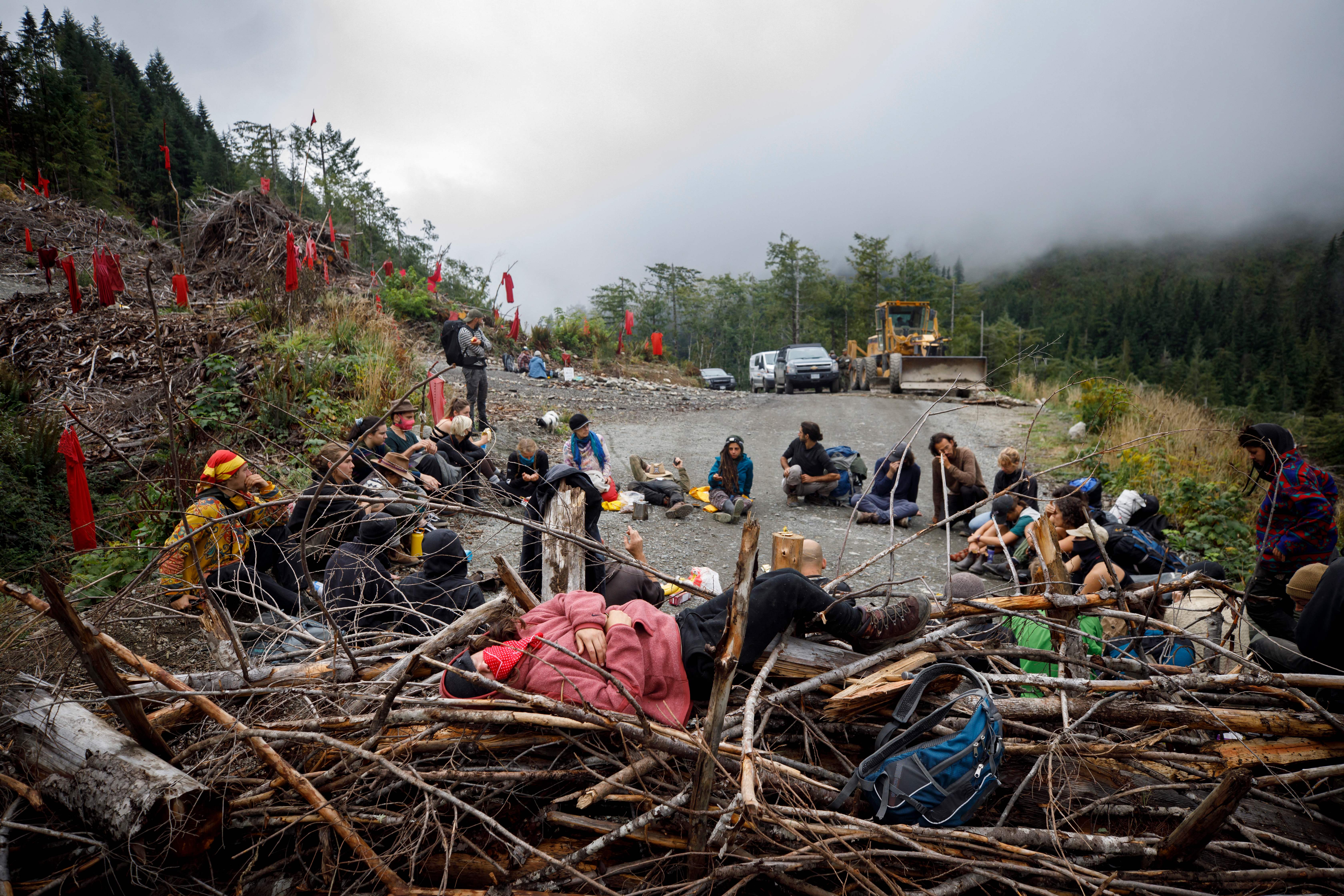 Protestors sit in front of downed trees used as a road block at a protest camp for the Fairy Creek anti-old growth logging blockade, 18kms (11 miles) northeast of Port Renfrew on Vancouver Island, Canada, on 6 September 2021