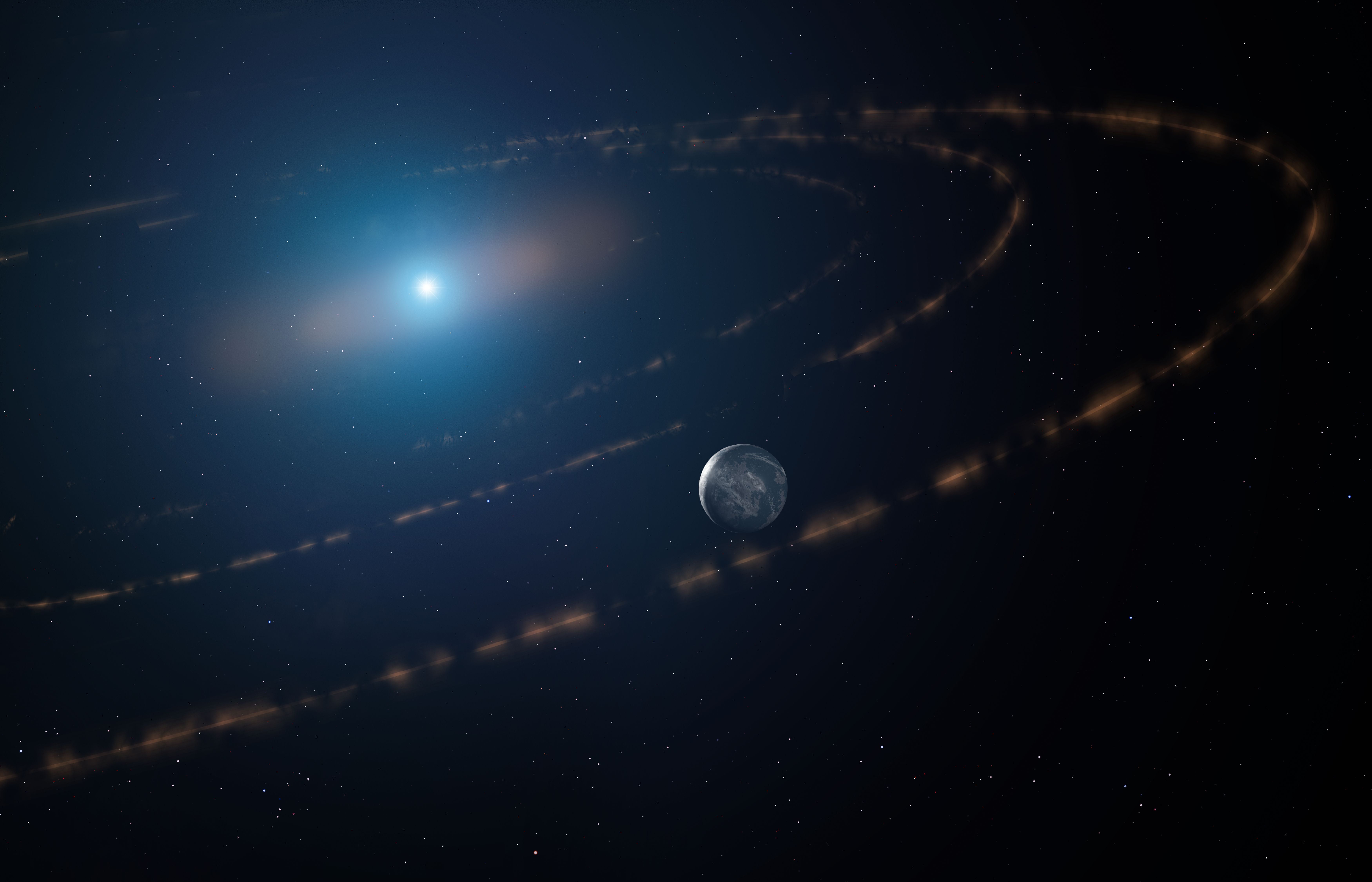 An artist’s impression of the white dwarf star WD1054–226 orbited by clouds of planetary debris and a major planet in the habitable zone (Mark Garlick markgarlick.com/PA)