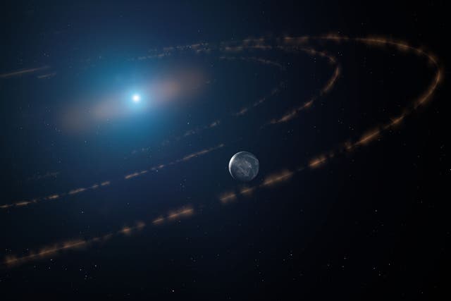 Impresión artística de la estrella enana blanca WD1054–226 orbitada por nubes de desechos planetarios y un planeta importante en la zona habitable (Mark Garlick markgarlick.com/PA)