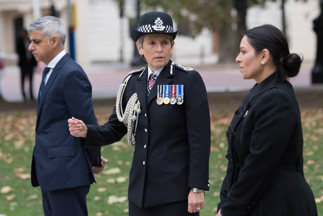 <p>Dame Cressida Dick, with the home secretary, Priti Patel, and London mayor, Sadiq Khan</p>