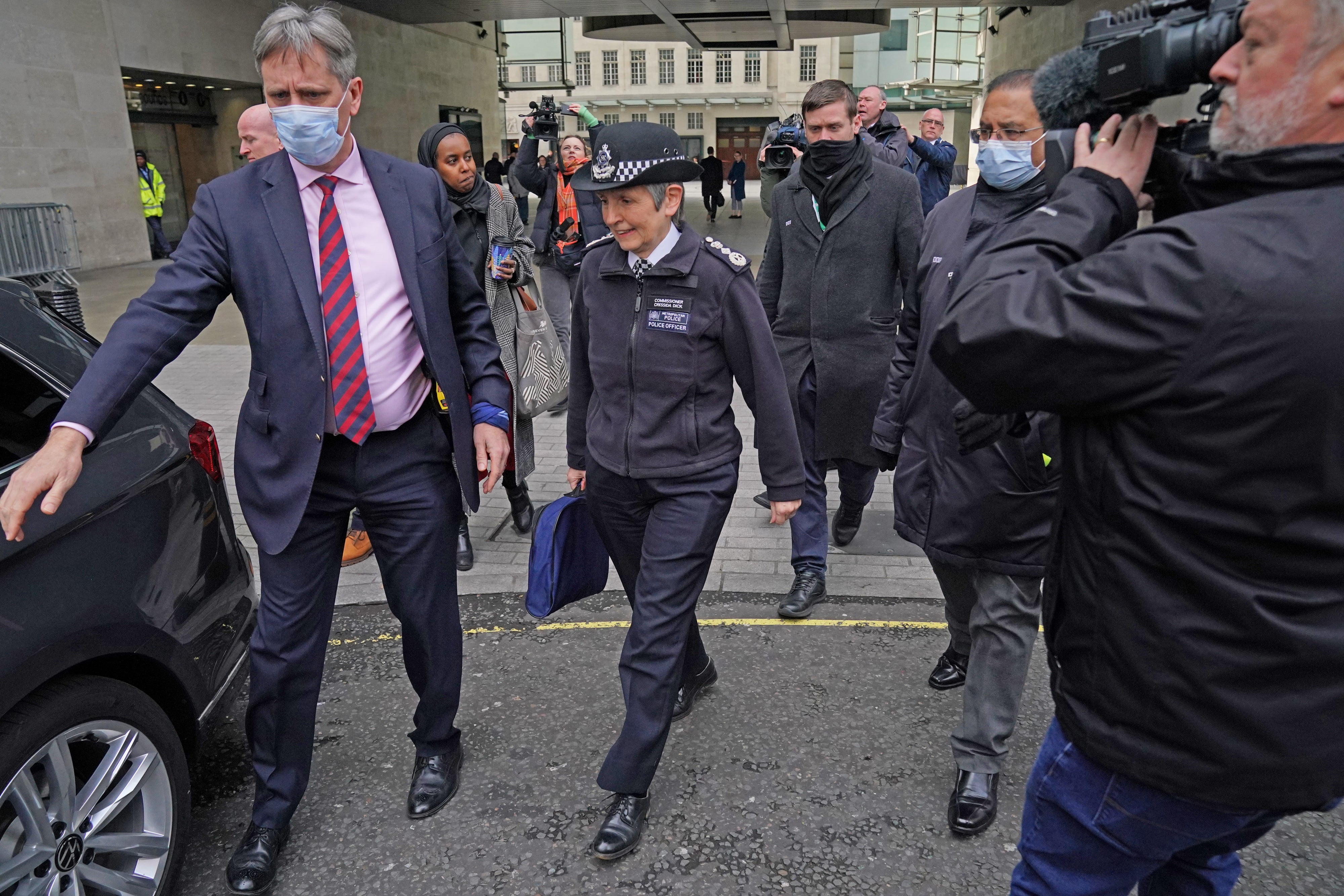 <p>Metropolitan Police chief Dame Cressida Dick leaves BBC Broadcasting House, London, following her appearance on BBC Radio London</p>